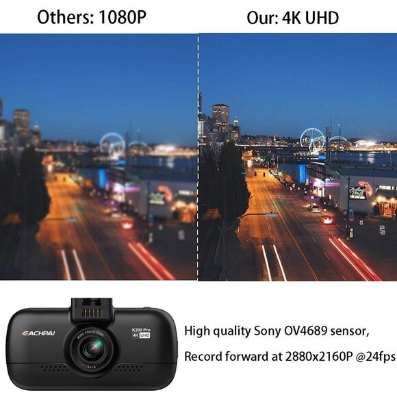 EACHPAI K200 Pro 4K Dash Cam Dual Front & Back Camera UHD WiFi Night Vision GPS - Picture 3 of 16